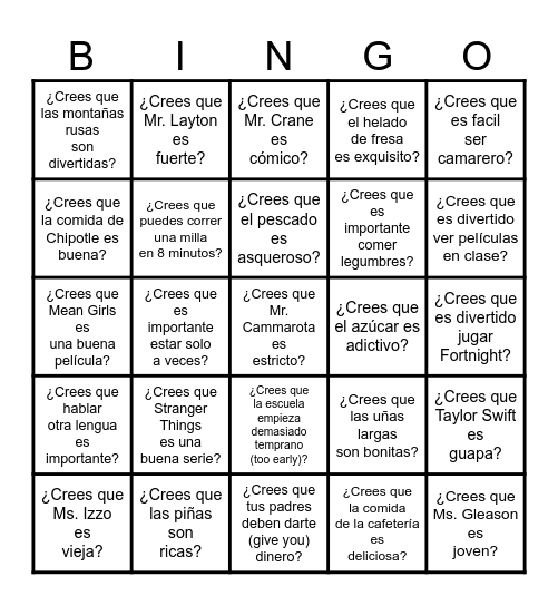 Ch. 9-1-- ¿Crees que...?--Expressing Opinions Bingo Card