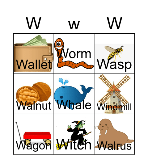 Letter W Bingo Card