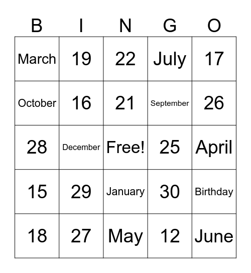 Números y Cumpleaños Bingo Card