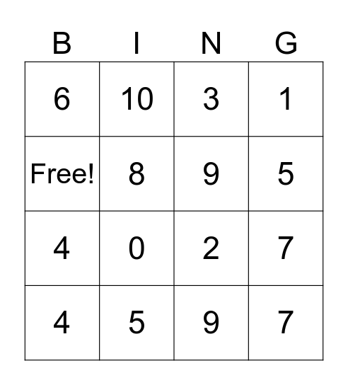 Bingo to 10 Bingo Card