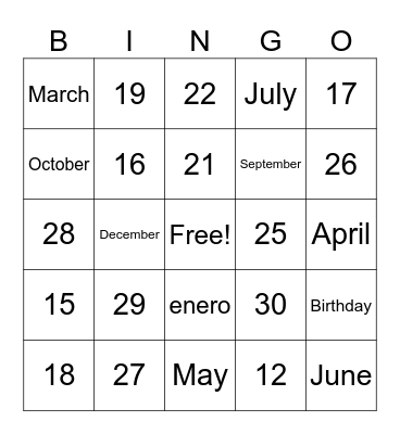 Números y Cumpleaños Bingo Card