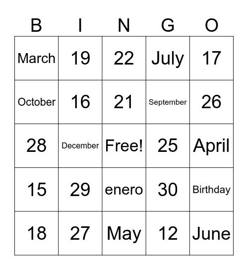 Números y Cumpleaños Bingo Card