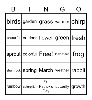 Springtime Words with R Bingo Card