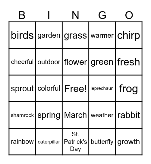 Springtime Words with R Bingo Card