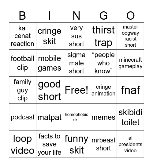 youtube shorts bingo Card