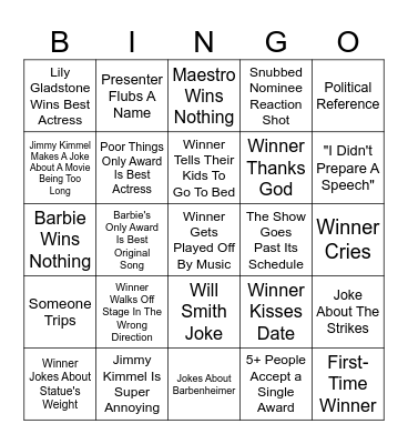 Oscars 2024 Bingo Card
