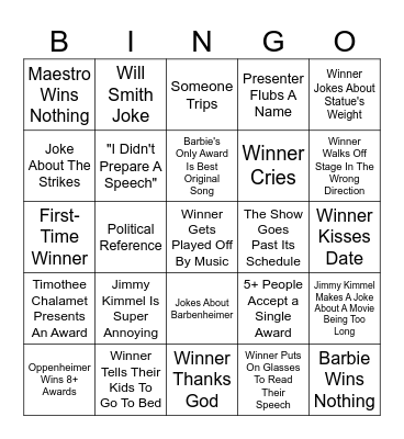 Oscars 2024 Test Bingo Card