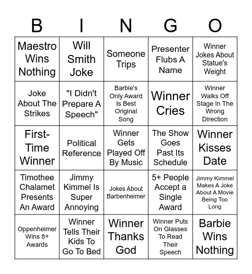 Oscars 2024 Test Bingo Card
