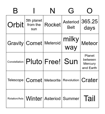 Solar System Bingo 487 Bingo Card