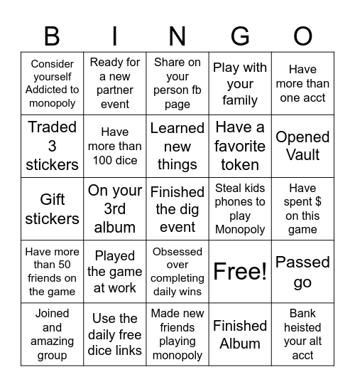 Monopoly Mom Bingo Card