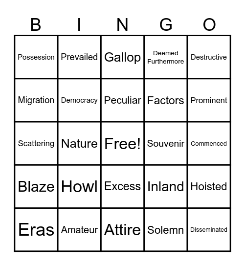 Gold Rush Vocabulary Bingo Card