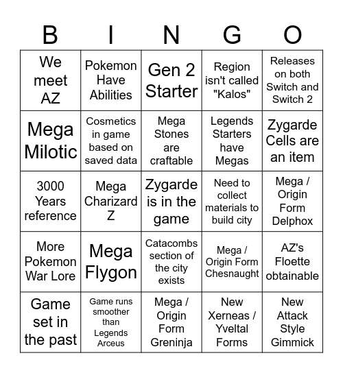Legends: A-Z Bingo Card