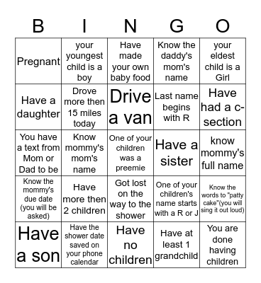 Baby Shower Ice Breaker Bingo  Bingo Card