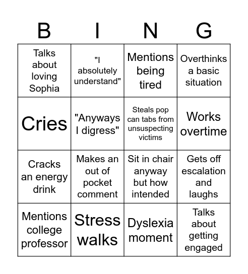 Olivia's Unhinged BING Bingo Card