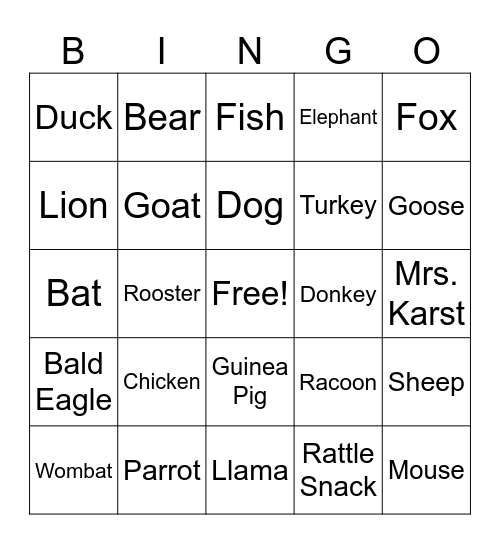 Animal Bingo Card