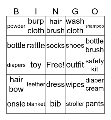 Jamey's Baby Shower Bingo Card