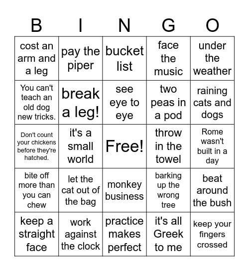 English Idioms Bingo Card