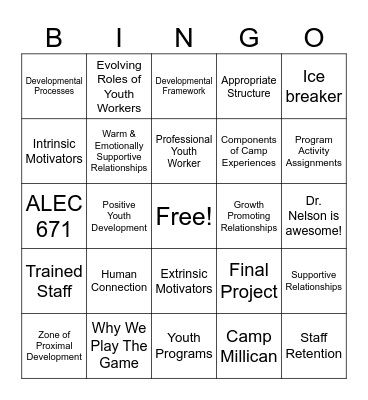 Effective Skills for Youth Development Weeks 5 & 6 Bingo Card