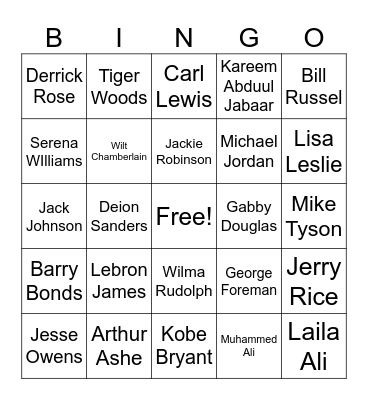 African American Athletes Bingo Card