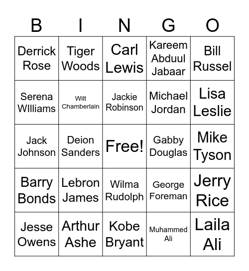 African American Athletes Bingo Card