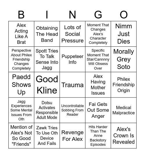 Fastpass Alex Backstory Bingo Card