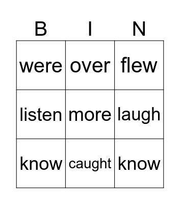 Sight Words Bingo Card