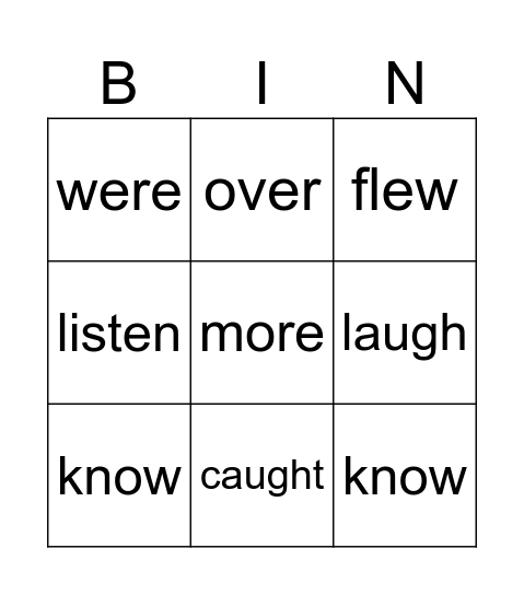 Sight Words Bingo Card