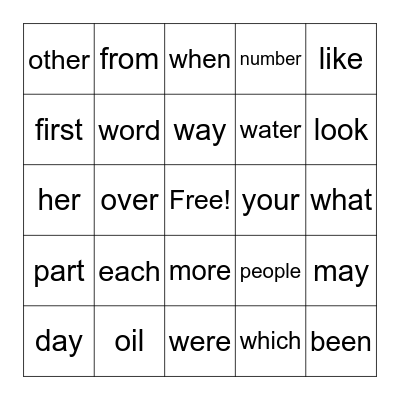 Sight Words Bingo Card