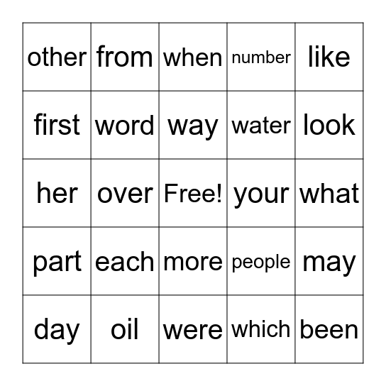 Sight Words Bingo Card