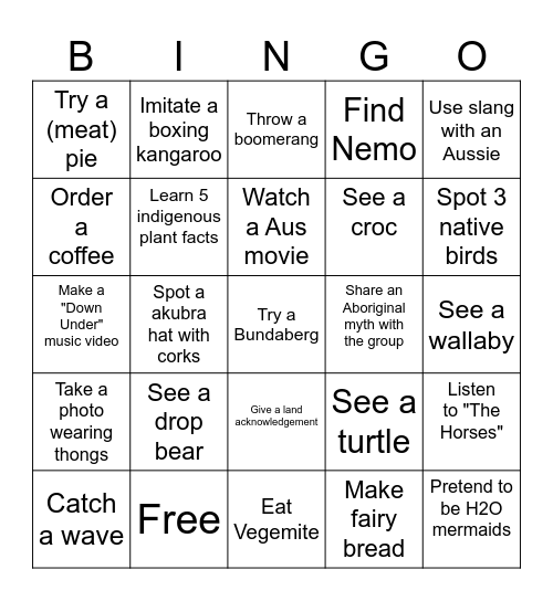 Aus Mini Bingo Card