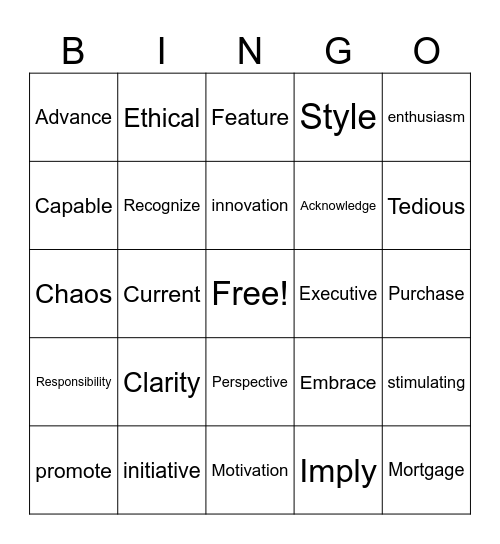 English exam Bingo Card