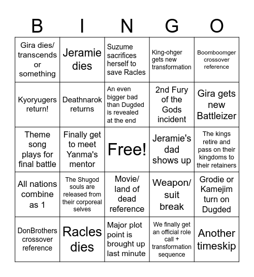 King-Ohger Finale Bingo Card