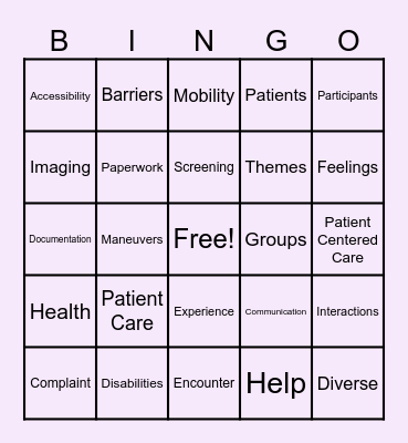 Patient Care Patients with Disabilities Bingo Card