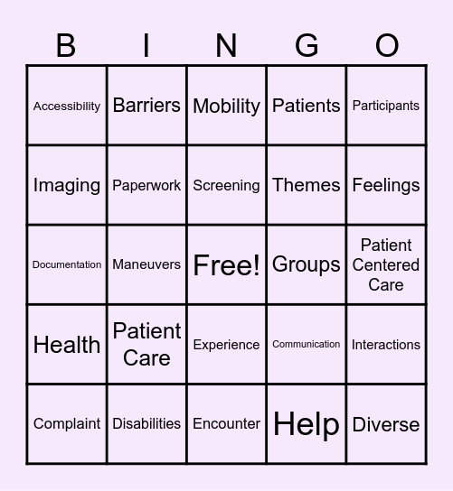 Patient Care Patients with Disabilities Bingo Card