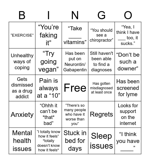 Chronic Illness Bingo Card