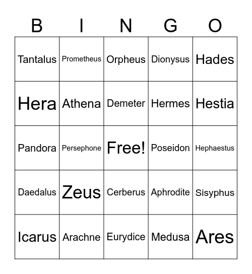 Greek Mythology Bingo Card