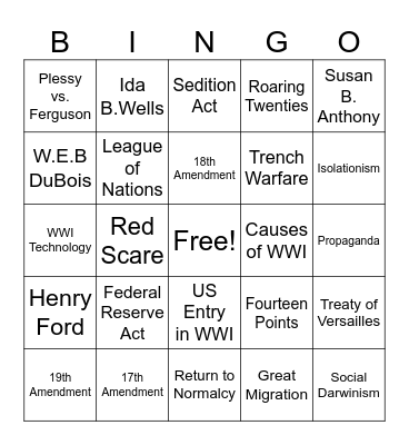 Academic Vocabulary People/Events--WWI & 20's Bingo Card