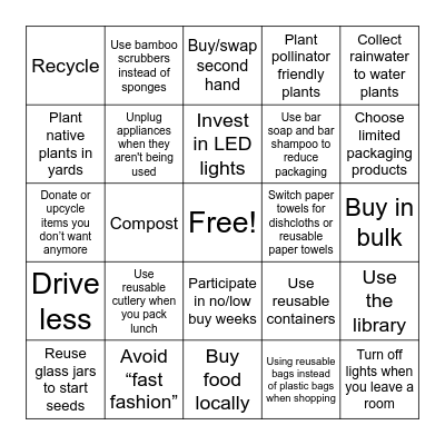 Sustainability Bingo Card