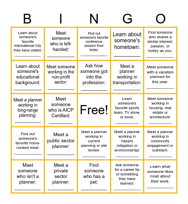 Emerging Planners Networking Bingo Card