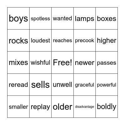 Prefix/Suffix Bingo Card