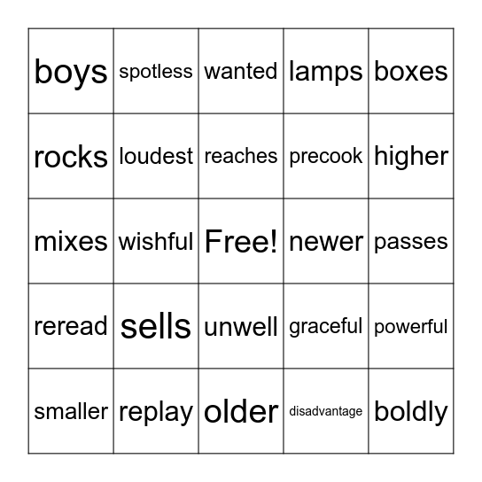 Prefix/Suffix Bingo Card