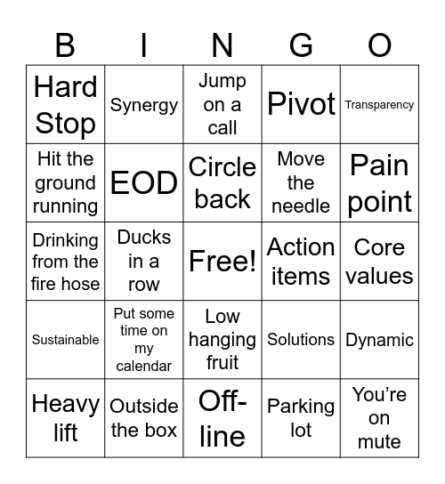 Corporate Terms Bingo Card