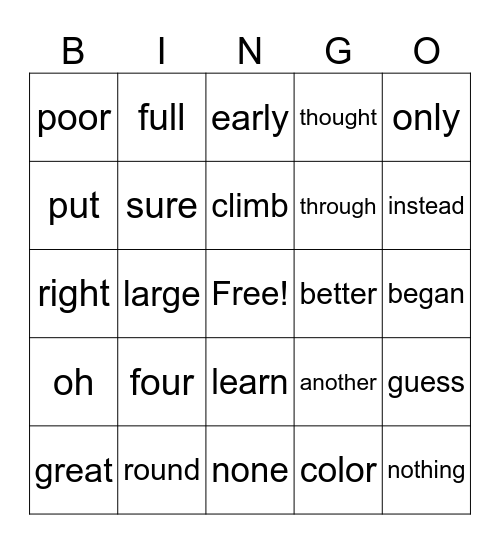 1st Grade HFWs Block 5 Bingo Card
