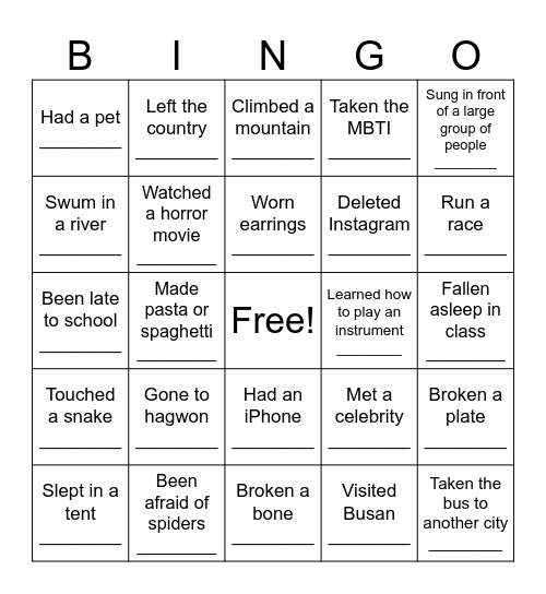 Have you ever....? Bingo Card