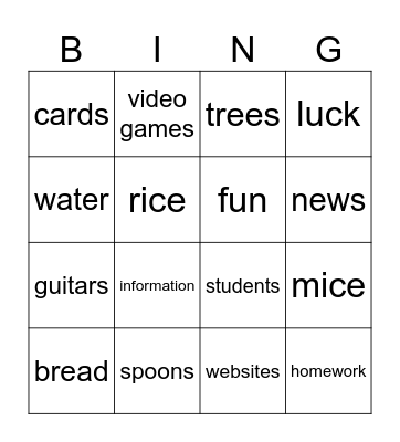 countable uncountable Bingo Card