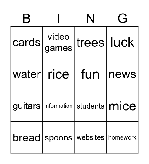 countable uncountable Bingo Card