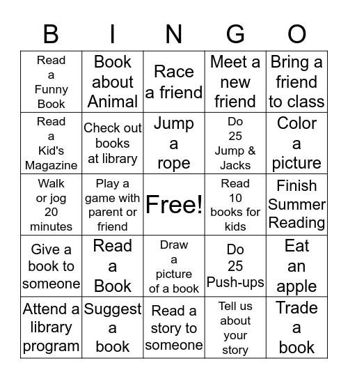 Summer Reading B-I-N-G-O Bingo Card