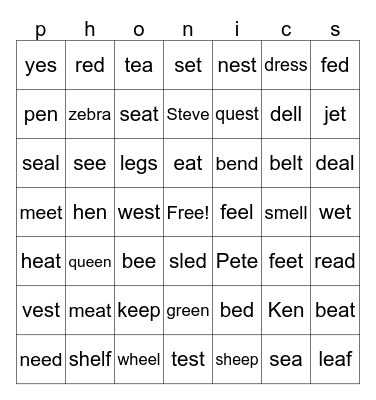 short e long e Bingo Card