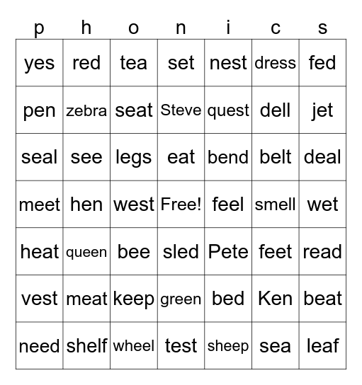short e long e Bingo Card