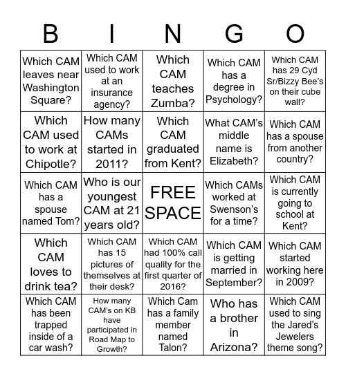 CAM BINGO Card